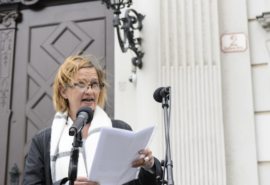 VIENNA, AUSTRIA - MAY 12: Activist against stigmatization in the case of poverty Daniela Brodesser at the event of SOS-Mitmensch - Renaming the Federal Chancellery into chancellery of poverty in front of the Federal Chancellery on May 12, 2019 in Vie