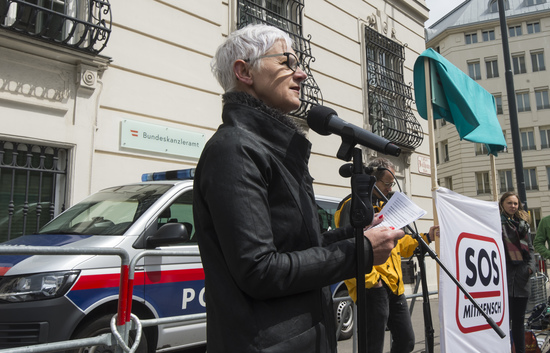 VIENNA, AUSTRIA - MAY 12: Managing director of independent womens shelters Austria Maria Roesslhumer at event of SOS-Mitmensch - Renaming the Federal Chancellery into chancellery of poverty in front of the Federal Chancellery on May 12, 2019 in Vienn